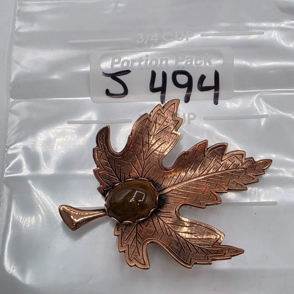 Vintage‎ Renoir Copper Maple Leaf Brooch Brown Stone Cabochon Mid Century Pin